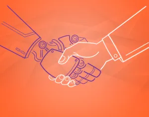 2 mãos se cumprimentando, 1 representando um humano e outra tecnologia. marketing 5.0